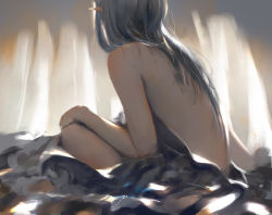 Rule 34 | 1girl, back, bed sheet, from behind, ghostblade, hand on own knee, long hair, nude, original, pointy ears, silver hair, sitting, solo, wlop