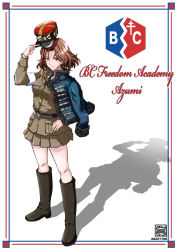 Rule 34 | 1girl, adjusting clothes, adjusting headwear, armband, azumi (girls und panzer), bc freedom (emblem), bc freedom military uniform, belt, black belt, black footwear, black hat, black necktie, blue eyes, blue outline, boots, brown hair, character name, closed mouth, commentary, cursive, dress shirt, emblem, english text, fourragere, girls und panzer, girls und panzer ribbon no musha, grey jacket, grey skirt, hat, highres, jacket, kepi, knee boots, long sleeves, looking at viewer, medium hair, military hat, miniskirt, necktie, nishi itsumi, outline, parted bangs, pleated skirt, red outline, shadow, shirt, skirt, smile, solo, standing, white background, white shirt