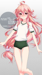 Rule 34 | 1girl, ahoge, alternate costume, artist name, blush, buruma, character name, checkered background, collarbone, commentary request, eyes visible through hair, feet out of frame, gradient background, green buruma, gym shirt, gym uniform, hair between eyes, hair ornament, inaba shiki, kantai collection, long hair, looking at viewer, low-tied long hair, nose blush, pink hair, rabbit hair ornament, red eyes, shirt, short sleeves, shorts, simple background, solo, standing, t-shirt, uzuki (kancolle), white shirt