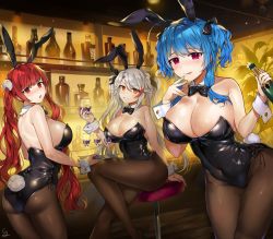 Rule 34 | 3girls, ahoge, alcohol, animal ears, azur lane, back, bar (place), bare shoulders, black leotard, blue hair, blush, bottle, bow, bowtie, breasts, brown legwear, cleavage, closed mouth, collarbone, cup, detached collar, drinking glass, fake animal ears, gijang, honolulu (azur lane), large breasts, leotard, licking lips, liquor, long hair, looking at viewer, multicolored hair, multiple girls, open mouth, pantyhose, playboy bunny, prinz eugen (azur lane), purple eyes, rabbit ears, rabbit tail, red eyes, red hair, silver hair, sitting, smile, st. louis (azur lane), stool, streaked hair, swept bangs, tail, tongue, tongue out, tray, twintails, two side up, very long hair, wrist cuffs