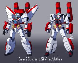 Rule 34 | 00kaiser, character name, clenched hands, core gundam ii, crossover, fusion, gradient background, gundam, gundam build divers, gundam build divers re:rise, highres, jetfire, mecha, mechanical wings, multiple views, no humans, robot, transformers, variations, visor, wings