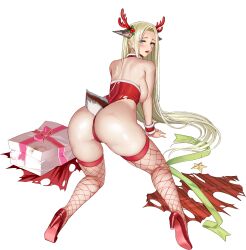 Rule 34 | 1girl, animal ears, ass, bare shoulders, battle, blonde hair, blue eyes, blush, box, breasts, christmas, christmas ornaments, christmas present, crotch seam, deer ears, deer tail, defeat, fake animal ears, fake antlers, fake tail, fishnet thighhighs, fishnets, fur-trimmed leotard, fur trim, gift, gift box, gift wrapping, hair intakes, hair ornament, high heels, highleg, highleg leotard, highres, injury, kneeling, large breasts, last origin, leotard, light green hair, long hair, looking at viewer, looking back, mechanical parts, median furrow, mistletoe hair ornament, no bra, official alternate costume, official art, partially visible vulva, pink ribbon, red footwear, red leotard, red thighhighs, red wrist cuffs, ribbed leotard, ribbon, shoulder blades, sideboob, sitting, skindentation, solo, star ornament, taesi, tail, tally, tearing up, thighhighs, torn clothes, torn footwear, torn leotard, torn thighhighs, transparent background, very long hair, wraithy (last origin), wrist cuffs