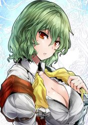 Rule 34 | 1girl, arm garter, ascot, bra, bra peek, bra visible through clothes, bralines, breasts, cleavage, collared shirt, from side, green hair, hair between eyes, juliet sleeves, kazami yuuka, large breasts, long sleeves, looking at viewer, looking to the side, open clothes, open vest, parted lips, plaid, plaid vest, puffy sleeves, red eyes, shirt, short hair, solo, sweat, touhou, underwear, upper body, vest, wet, wet clothes, wet shirt, white shirt, y2