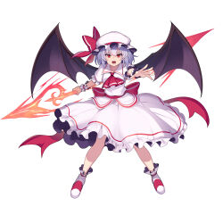 Rule 34 | 1girl, bat wings, bow, cibo (killy), collared shirt, full body, hat, hat bow, highres, looking at viewer, mob cap, open mouth, outstretched hand, pointy ears, purple hair, red bow, remilia scarlet, shirt, shoes, short sleeves, simple background, skirt, skirt set, slit pupils, solo, spear the gungnir, touhou, waist bow, white background, white hat, white shirt, white skirt, wings, wrist cuffs