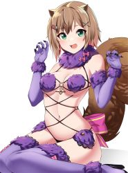 Rule 34 | 1girl, animal ears, ayunda risu, black footwear, bow, breasts, brown hair, commentary, cosplay, elbow gloves, english commentary, fang, fate/grand order, fate (series), fingernails, fur-trimmed gloves, fur-trimmed legwear, fur bikini, fur collar, fur trim, gloves, green eyes, hair ornament, high heels, highres, hololive, hololive indonesia, looking at viewer, mash kyrielight, mash kyrielight (dangerous beast), mash kyrielight (dangerous beast) (cosplay), medium breasts, medium hair, navel, nonstop nut november, o-ring, o-ring top, open mouth, pink bow, purple gloves, purple thighhighs, revealing clothes, sharp fingernails, simple background, solo, squirrel ears, squirrel girl, squirrel tail, tail, thighhighs, virtual youtuber, white background, x hair ornament, yuyu5x