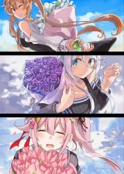 Rule 34 | 3girls, alternate costume, blue eyes, bouquet, braid, closed eyes, cloud, flower, hair flaps, hair ornament, hair ribbon, hairclip, harusame (kancolle), highres, kantai collection, light brown hair, long hair, long sleeves, mole, mole under eye, multiple girls, murasame (kancolle), off shoulder, one eye closed, one side up, pink flower, pink hair, purple flower, red eyes, ribbon, rose, sailor collar, sidelocks, silver hair, sky, sugue tettou, tulip, twintails, twitter username, umikaze (kancolle), upper body, white flower