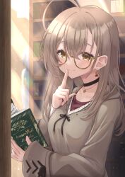 Rule 34 | 1girl, absurdres, ahoge, berry, black choker, book, bookshelf, brown eyes, brown hair, brown hoodie, choker, crossed bangs, double-parted bangs, earrings, finger to mouth, fingernails, food-themed earrings, hair between eyes, highres, holding, holding book, hololive, hololive english, hood, hoodie, huge ahoge, jewelry, light rays, looking at viewer, mihaeru, nail art, nanashi mumei, nanashi mumei (casual), necklace, official alternate costume, open book, red shirt, shirt, smile, solo, sweater, virtual youtuber, white sweater, wide sleeves