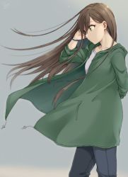 Rule 34 | 1girl, bangle, blue pants, blurry, bracelet, closed mouth, collarbone, dated, expressionless, floating hair, from side, green eyes, green jacket, grey background, hand up, hood, hood down, hooded jacket, idolmaster, idolmaster cinderella girls, jacket, jewelry, long hair, long sleeves, open clothes, open jacket, pants, profile, shibuya rin, shirt, signature, solo, standing, tarachine, white shirt