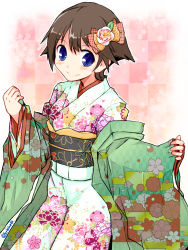 Rule 34 | 1girl, alternate costume, blue eyes, brown hair, checkered background, cowboy shot, flipped hair, floral print, flower, hair flower, hair ornament, hiei (kancolle), japanese clothes, kanoe soushi, kantai collection, kimono, looking at viewer, short hair, smile, solo, standing, twitter username, unmoving pattern, white kimono