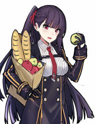 Rule 34 | 1girl, apple, bag, baguette, black gloves, blush, bread, cowboy shot, echj, food, fruit, girls&#039; frontline, gloves, grocery bag, hair ribbon, holding, holding bag, holding food, holding fruit, long hair, long sleeves, looking at viewer, military, military uniform, one side up, open mouth, pantyhose, purple eyes, purple hair, ribbon, shopping bag, simple background, smile, solo, teeth, uniform, wa2000 (girls&#039; frontline), white background