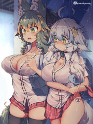 Rule 34 | 2girls, ahoge, animal ear fluff, animal ears, bag, black thighhighs, breasts, cleavage, collar, commentary request, green collar, green eyes, green hair, kuromiya, kuromiya raika (kuromiya), large breasts, long hair, multicolored hair, multiple girls, original, plaid, plaid skirt, red skirt, school bag, school uniform, see-through, see-through shirt, shiromiya asuka (kuromiya), shirt, skirt, standing, thighhighs, thighs, twitter username, two-tone hair, wet, wet clothes, wet shirt, wet skirt, white hair, zettai ryouiki