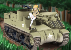 Rule 34 | 1girl, absurdres, breasts, brown footwear, browning m2, caterpillar tracks, commentary, commission, drill hair, english commentary, grass, green eyes, gun, hair between eyes, headlight, heavy machine gun, highres, isosceles triangle (xyzxyzxyz), looking at viewer, machine gun, medium breasts, original, outdoors, panties, self-propelled artillery, semi-rimless eyewear, smile, solo, striped clothes, striped panties, thighhighs, thighs, tree, twintails, underwear, vehicle request, weapon, world witches series