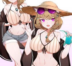 Rule 34 | 2girls, absurdres, animal ear fluff, arknights, bikini, braid, breasts, brown hair, choumi wuti (xueye fanmang zhong), cleavage, collarbone, eyewear on head, highres, jewelry, large breasts, multiple girls, navel, necklace, open clothes, open mouth, purple-tinted eyewear, purple eyes, short shorts, shorts, single braid, slit pupils, smile, striped bikini, striped clothes, sunglasses, swimsuit, tail, tinted eyewear, upper body, utage (arknights), utage (summer flowers) (arknights), white background, wide sleeves