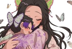 Rule 34 | 2girls, affectionate, aged down, animal, black hair, blurry, blush, bug, butterfly, butterfly hair ornament, carrying, child, child carry, closed eyes, colored tips, commentary request, demon slayer uniform, depth of field, facing viewer, floating hair, gohanha118, hair ornament, hands up, haori, happy, hug, insect, japanese clothes, kimetsu no yaiba, kimono, kochou kanae, kochou shinobu, long hair, long sleeves, multicolored hair, multiple girls, nail polish, one eye covered, open mouth, pink nails, portrait, profile, purple hair, purple kimono, siblings, simple background, sisters, streaked hair, time paradox, updo, white background, wide sleeves