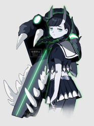 Rule 34 | 1girl, abyssal ship, abyssal stranded landing princess, bags under eyes, black hair, black skirt, braid, colored skin, cropped legs, grey background, grey skin, horns, kantai collection, looking at viewer, pale skin, parted lips, pleated skirt, sailor collar, shimin, short sleeves, simple background, skirt, teeth, twin braids, white sailor collar