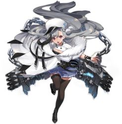 Rule 34 | 1girl, :d, azur lane, black footwear, blue skirt, breasts, brown thighhighs, chain, cleavage, floating hair, frozen, full body, fur collar, grey hair, hat, highres, leg belt, leg up, long hair, looking at viewer, machinery, medium breasts, miniskirt, minsk (azur lane), multicolored hair, official art, open mouth, outstretched arm, peaked cap, pleated skirt, pom pom (clothes), purple eyes, shirt, shisantian, skirt, smile, solo, standing, standing on one leg, streaked hair, thighhighs, torpedo tubes, transparent background, turret, very long hair, white hat, white shirt, zettai ryouiki