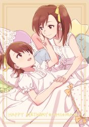 Rule 34 | 2girls, :d, asymmetrical hair, brown eyes, brown hair, collarbone, demirinz, dress, dress shirt, eye contact, futami ami, futami mami, hair ribbon, holding hands, hand on another&#039;s cheek, hand on another&#039;s face, idolmaster, idolmaster (classic), interlocked fingers, long hair, looking at another, lying, multiple girls, on back, one side up, open mouth, polka dot pillow, ribbon, shirt, short hair, short sleeves, siblings, side ponytail, sisters, sitting, sleeveless, sleeveless dress, smile, under covers, white dress, white shirt, yellow ribbon