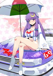 Rule 34 | 1girl, alternate costume, breasts, car, cleavage, clothes writing, collarbone, crescent, crescent hair ornament, crossed legs, double bun, female focus, hair bun, hair ornament, hair ribbon, huge breasts, large breasts, legs, leotard, long hair, long legs, long sleeves, looking at viewer, motor vehicle, on vehicle, open clothes, open shirt, parasol, patchouli knowledge, purple eyes, purple hair, race queen, ribbon, rougetsu (eclipse), shirt, shoes, sitting, sitting on object, solo, thighs, touhou, umbrella, vehicle, very long hair, wide sleeves