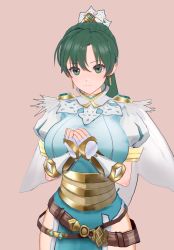 Rule 34 | 1girl, 3d, bad id, bad pixiv id, belt, boots, breasts, cape, capelet, closed mouth, commentary request, earrings, feather trim, fingerless gloves, fire emblem, fire emblem: the blazing blade, fire emblem heroes, gloves, green eyes, green hair, hair ornament, highres, jewelry, knee boots, lips, looking at viewer, lyn (fire emblem), medium breasts, nintendo, own hands together, pelvic curtain, pink background, ponytail, puffy sleeves, simple background, solo, standing, uck-eck-uck, upper body