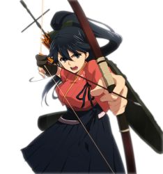 Rule 34 | 10s, 1girl, arrow (projectile), black hair, bloom, blurry, bow, bow (weapon), depth of field, drawing bow, foreshortening, gloves, hair bow, holding bow (weapon), houshou (kancolle), japanese clothes, kantai collection, long hair, open mouth, partially fingerless gloves, partly fingerless gloves, personification, ponytail, single glove, solo, tukno, weapon, white background, yugake
