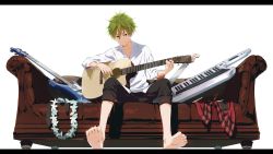 Rule 34 | 10s, 1boy, akiyama hayato, bad id, bad pixiv id, bare arms, barefoot, bass guitar, bracelet, brown eyes, couch, electric guitar, feet, flower necklace, from below, green eyes, green hair, guitar, idolmaster, idolmaster side-m, instrument, jewelry, keytar, lei, letterboxed, light smile, looking at viewer, male focus, map (map imas), microphone, music, on couch, plaid, playing instrument, rickenbacker 4001, simple background, smile, soles, solo, toes, white background, white theme