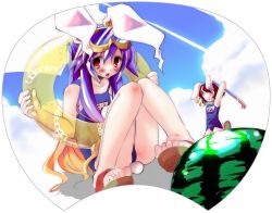 Rule 34 | 2girls, animal ears, blindfold, blush, contrail, cover, diving mask, female focus, food, fruit, goggles, hand fan, inaba tewi, innertube, kamiya yuu, knees together feet apart, multiple girls, name tag, one-piece swimsuit, paper fan, rabbit ears, rabbit girl, rabbit tail, reisen udongein inaba, sandals, school swimsuit, scuba, smile, suikawari, swim ring, swimsuit, tail, touhou, uchiwa, watermelon