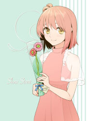Rule 34 | 1girl, closed mouth, commentary, copyright name, dress, english text, flower, green background, holding, holding flower, ichinose hana, looking at viewer, pink dress, pink hair, see-through capelet, short hair, shoushu, sleeveless, sleeveless dress, slow start, smile, solo, yellow eyes