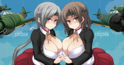 Rule 34 | 10s, 2girls, aircraft, airplane, blush, breasts, brown eyes, brown hair, character name, chitose (kancolle), chiyoda (kancolle), cleavage, grey hair, headband, holding hands, interlocked fingers, jema, kantai collection, large breasts, long hair, looking at viewer, multiple girls, ponytail, short hair, silver hair, smile