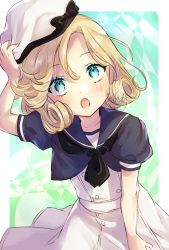 Rule 34 | 1girl, alto2019, blonde hair, blue eyes, blue sailor collar, cowboy shot, dress, hat, highres, janus (kancolle), kantai collection, looking at viewer, one-hour drawing challenge, open mouth, parted bangs, sailor collar, sailor dress, sailor hat, short hair, solo, white dress, white hat