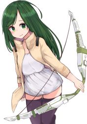 Rule 34 | 1girl, :3, absurdres, beige jacket, black thighhighs, blush, bow (weapon), closed mouth, collarbone, commentary request, green eyes, green hair, high collar, highres, holding, holding bow (weapon), holding weapon, jacket, light smile, long hair, long sleeves, looking at viewer, open clothes, open jacket, original, see-through, see-through silhouette, sideways mouth, simple background, solo, straight hair, thigh gap, thighhighs, weapon, white background
