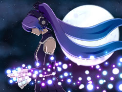 Rule 34 | 1girl, blue hair, detached sleeves, full moon, gradient hair, hatsune miku, headphones, long hair, moon, multicolored hair, profile, project diva (series), project diva 2nd, purple hair, shirosato, sky, solo, star (sky), starry sky, twintails, two-tone hair, very long hair, vocaloid