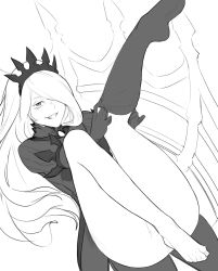 Rule 34 | 1girl, bad link, barefoot, convenient leg, diadem, dress, fang, feet, gloves, greyscale, grin, hair over one eye, highres, leg up, less, long hair, monochrome, monster girl encyclopedia, no panties, parted lips, simple background, single thighhigh, smile, solo, thighhighs, thighhighs pull, toes, will-o&#039;-the-wisp (monster girl encyclopedia)