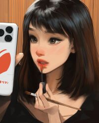 Rule 34 | 1girl, brown eyes, brown hair, highres, holding, holding brush, lipstick, makeup, open mouth, original, phone, red lips, sam yang, solo