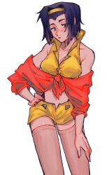 Rule 34 | 1girl, breasts, cowboy bebop, faye valentine, goomyloid, hairband, hand on own hip, highres, lipstick, makeup, medium breasts, nail polish, navel, purple hair, red nails, short hair, simple background, solo, standing, white background, yellow hairband