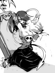 Rule 34 | 1girl, bare shoulders, breasts, cleavage, detached collar, detached sleeves, dress, hair over one eye, high heels, highres, large breasts, leviathan (skullgirls), monochrome, sangyou haikibutsu (turnamoonright), simple background, skull, skullgirls, squigly (skullgirls), stitched mouth, stitches, zombie