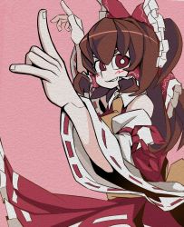 Rule 34 | 1girl, ascot, blush, bow, bright pupils, brown hair, collared shirt, commentary request, cookie (touhou), cowboy shot, detached sleeves, fighting stance, frilled bow, frilled hair tubes, frills, grin, hair bow, hair tubes, hakurei reimu, highres, jijii (nicoseiga91467756), kanna (cookie), long hair, looking at viewer, parody, pink background, red bow, red eyes, red shirt, red skirt, ribbon-trimmed sleeves, ribbon trim, scotch (cookie) (style), shirt, sidelocks, simple background, skirt, skirt set, sleeveless, sleeveless shirt, smile, solo, style parody, touhou, white pupils, white sleeves, wide sleeves, yellow ascot