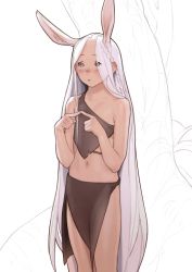Rule 34 | 1girl, absurdres, animal ears, bad id, bad pixiv id, blush, braid, closed mouth, commentary, commission, english commentary, fidgeting, fingers together, flat chest, grey eyes, grey hair, highres, index fingers together, loincloth, long hair, luimiart, midriff, navel, original, pelvic curtain, pixiv commission, rabbit ears, rags, simple background, solo, standing, very long hair, white background