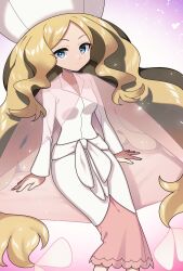 Rule 34 | 1girl, blonde hair, blue eyes, butterfly hair ornament, caitlin (pokemon), cape, closed mouth, commentary, creatures (company), dress, game freak, hair ornament, hat, highres, long hair, long sleeves, looking at viewer, nintendo, parted bangs, pink cape, pokemon, pokemon bw, see-through cape, sidelocks, solo, very long hair, wavy hair, white dress, white hat, yuihico