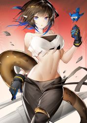 Rule 34 | 1girl, absurdres, arknights, bandeau, bare arms, bare shoulders, bird, black gloves, black hair, black pants, blue eyes, blue hair, breasts, camisole, chinese commentary, commentary request, cowboy shot, crop top, eunectes (arknights), eunectes (forgemaster) (arknights), gkd111, gloves, gradient hair, hand up, highres, large breasts, looking at viewer, midriff, multicolored hair, navel, official alternate costume, pants, parted lips, pointy ears, revision, short hair, snake tail, solo, standing, stomach, tail, thighs