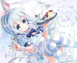Rule 34 | 1girl, :d, animal ears, apron, blue bow, blue dress, blue eyes, blue hair, blush, bow, cake, cake slice, coffee, commentary request, cup, dress, food, frilled apron, frilled dress, frills, gochuumon wa usagi desu ka?, hair between eyes, hair ornament, holding, holding spoon, holding tray, kafuu chino, long hair, looking at viewer, neki (wakiko), open mouth, pennant, plate, puffy short sleeves, puffy sleeves, rabbit ears, saucer, short sleeves, smile, solo, spoon, string of flags, striped bow, striped clothes, striped thighhighs, teacup, thighhighs, tray, twitter username, very long hair, white apron, wrist cuffs, x hair ornament