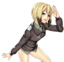 Rule 34 | 1girl, arm at side, asashin (kazami-tomo), blonde hair, blue eyes, blush, breasts, brown hair, dutch angle, erica hartmann, hair ornament, jacket, looking at viewer, multicolored hair, salute, short hair, small breasts, solo, spread fingers, strike witches, thighs, white background, world witches series