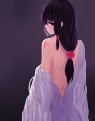 Rule 34 | 1girl, back, back focus, bad id, bad pixiv id, bare back, bare shoulders, black hair, from behind, hair ornament, highres, kisei2, long hair, looking at viewer, looking back, low ponytail, original, pixiv fantasia, pixiv fantasia t, ponytail, red eyes, simple background, solo, tattoo, undressing