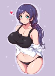 Rule 34 | 10s, 1girl, bad id, bad pixiv id, black panties, blush, breasts, buttons, cleavage, dress shirt, green eyes, hair ribbon, heart, large breasts, long hair, love live!, love live! school idol project, moisture (chichi), navel, no pants, off shoulder, panties, plump, purple hair, ribbon, shirt, simple background, smile, solo, tank top, tojo nozomi, twintails, underwear, white shirt
