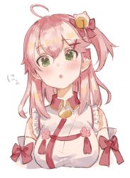 Rule 34 | 1girl, 778-go, ahoge, bad id, bad twitter id, bell, blush, chestnut mouth, green eyes, hair bell, hair ornament, hairclip, highres, hololive, open mouth, pink hair, sakura miko, sakura miko (1st costume), solo, upper body, virtual youtuber, white background, x hair ornament