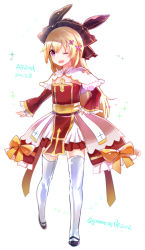 Rule 34 | 1girl, :d, arch bishop (ragnarok online), black footwear, blonde hair, blush, bow, brown hairband, capelet, commentary request, cross, dress, dress bow, eon (greencastle), flat chest, frilled dress, frilled sleeves, frills, full body, gold trim, hairband, high heels, long hair, looking at viewer, official alternate costume, one eye closed, open mouth, pink eyes, ragnarok online, red dress, red sleeves, short dress, smile, solo, thighhighs, white capelet, white thighhighs, yellow bow