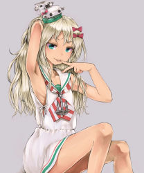 Rule 34 | 1girl, arm up, armpits, bare arms, bare shoulders, bow, collarbone, commentary, diagonal-striped clothes, diagonal-striped neckerchief, diagonal-striped neckwear, dress, grecale (kancolle), green eyes, grey background, hair bow, hat, highres, kantai collection, knees up, kurou (bcrow), light brown hair, long hair, mini hat, red bow, sailor collar, sailor dress, sitting, sleeveless, sleeveless dress, solo, striped clothes, striped neckwear, very long hair, white dress, white sailor collar