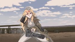 Rule 34 | 5girls, ammunition, ammunition belt, ammunition box, belt-fed, blonde hair, breasts, brown coat, brown headwear, browning m1919, bullet, cleavage, cloud, cloudy sky, coat, commission, crossed arms, full-power cartridge, garrison cap, girls&#039; frontline, gun, hair between eyes, hair ornament, hairclip, hat, holding, holding gun, holding weapon, large breasts, light machine gun, long hair, long sleeves, m1919a4 (girls&#039; frontline), m1 garand (girls&#039; frontline), m1 link, m2hb (girls&#039; frontline), machine gun, medium machine gun, military cartridge, multiple girls, open clothes, open coat, open mouth, outdoors, parody, pink eyes, pixiv commission, rifle cartridge, scene reference, sky, tab (tabkun), the pacific, weapon