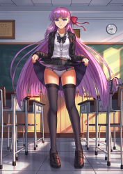 Rule 34 | 1girl, bb (fate), bb (fate/extra), black bow, black bowtie, black footwear, black jacket, black skirt, black thighhighs, blazer, bow, bowtie, chair, chalkboard, classroom, clock, clothes lift, desk, fate/extra, fate/extra ccc, fate (series), hair ribbon, highres, jacket, lifting own clothes, loafers, long hair, long sleeves, miniskirt, nairobi song, open clothes, open jacket, panties, plaid, plaid skirt, pleated skirt, purple eyes, purple hair, red ribbon, ribbon, school chair, school desk, school uniform, shirt, shoes, skirt, skirt lift, solo, standing, thighhighs, underwear, very long hair, wall clock, white panties, white shirt