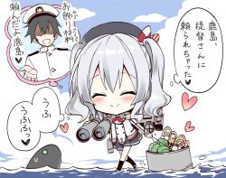 Rule 34 | 10s, 1boy, 1girl, admiral (kancolle), binoculars, blush, chibi, closed eyes, gloves, hat, jacket, kantai collection, kashima (kancolle), long hair, ocean, silver hair, skirt, smile, takahashi tetsuya, thought bubble, translation request, twintails, two side up, uniform, water