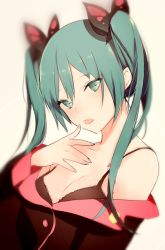 Rule 34 | 1girl, :o, :p, aqua eyes, aqua hair, aqua nails, bad id, bad tumblr id, bare shoulders, beige background, black bra, black jacket, blush, bra, breasts, butterfly hair ornament, cleavage, collarbone, finger to mouth, hair ornament, hatsune miku, head tilt, honey whip (module), jacket, long hair, long sleeves, looking at viewer, lpip, nail polish, off shoulder, project diva (series), project diva f, short hair, simple background, small breasts, solo, sweet devil (vocaloid), tongue, tongue out, tsurime, twintails, underwear, upper body, vocaloid